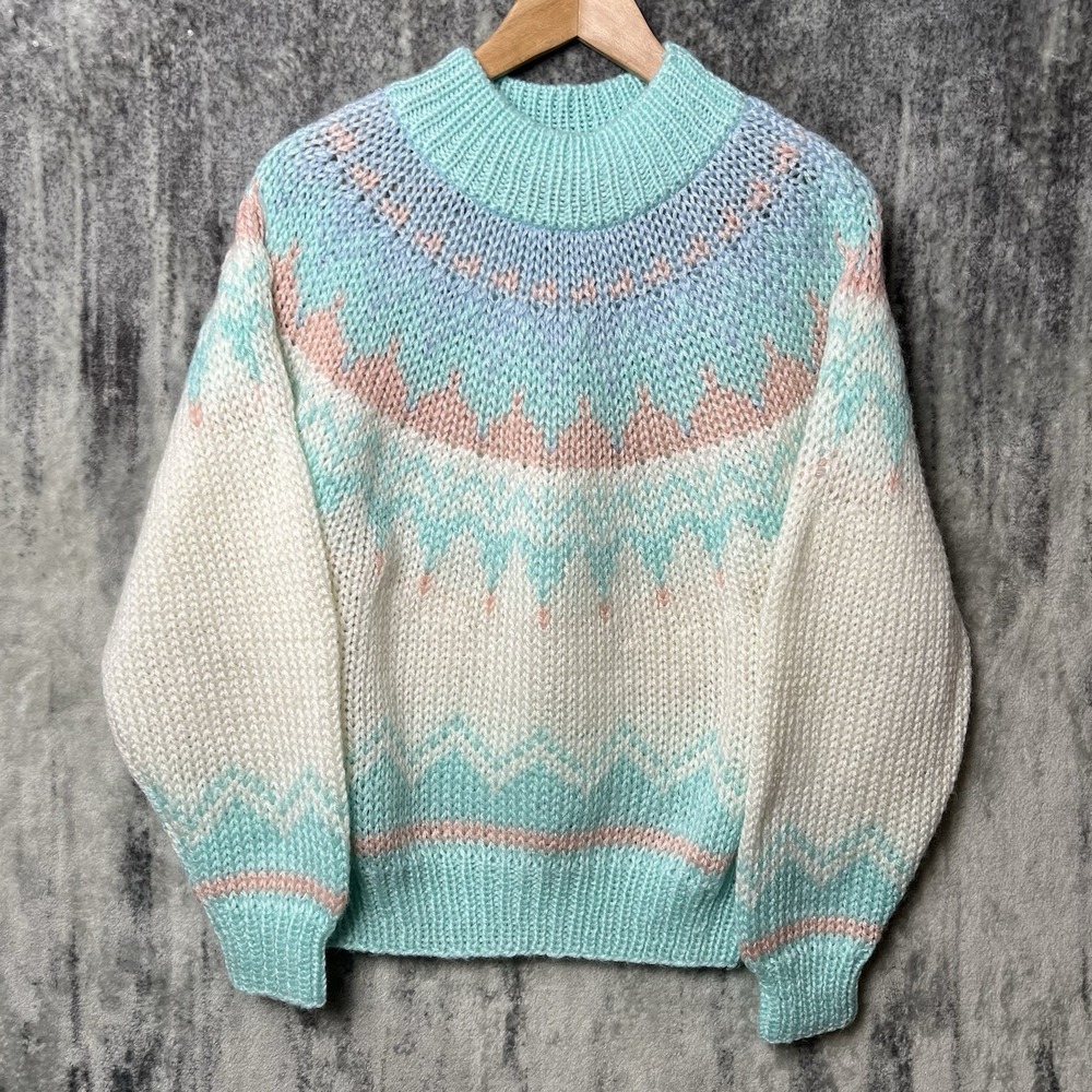 Vintage IVY Hand Knit Women's Icelandic Nordic Blue Pink Cream 80s Chunky Knit M